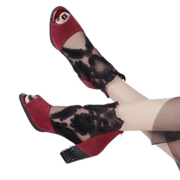 Jsaierl Womens Peep Toe Ankle Bootie Maroon Suede Black Lace 38 7.5 - Picture 3 of 9